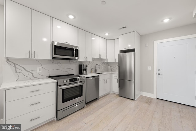 1638 K St NE Unit 101, Washington, DC 20002 - kitchen featuring appliances with stainless steel finishes, white cabinets, backsplash, light wood-style flooring, and recessed lighting