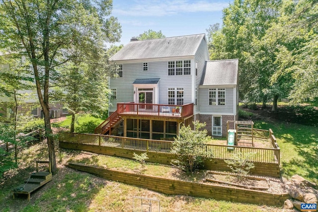 1433 River Oaks Rdg, Charlottesville, VA 22901 - rear view of house featuring stairs, a wooden deck, a lawn, and a shingled roof