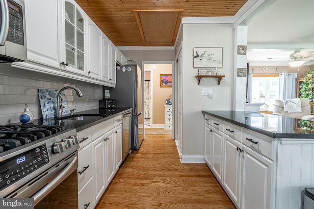 24 Paul Rd, Maple Shade, NJ 08052 - kitchen featuring stainless steel appliances, white cabinetry, glass insert cabinets, decorative backsplash, and wood ceiling