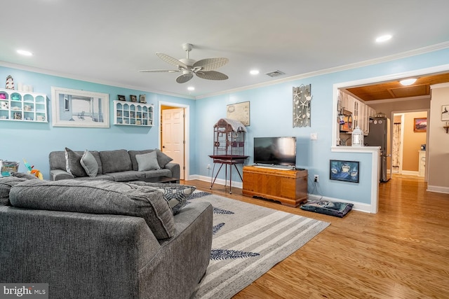 24 Paul Rd, Maple Shade, NJ 08052 - living room featuring ornamental molding, light wood-style flooring, a ceiling fan, and recessed lighting
