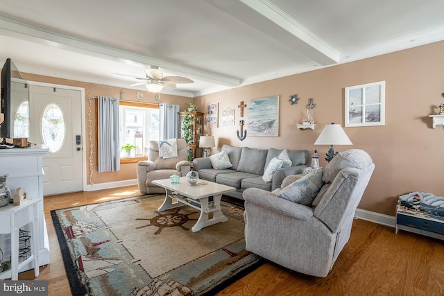 24 Paul Rd, Maple Shade, NJ 08052 - living room with wood finished floors, beam ceiling, crown molding, and a ceiling fan
