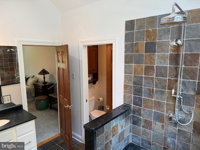 7071 Pomona Rd, Chestertown, MD 21620 - full bathroom featuring a tile shower, vanity, and vaulted ceiling