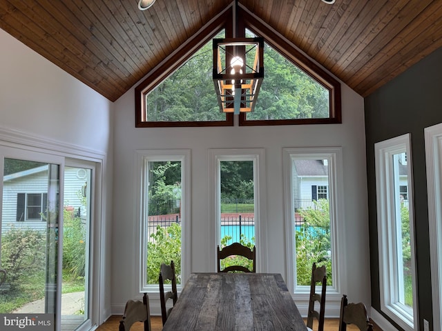 7071 Pomona Rd, Chestertown, MD 21620 - dining space with high vaulted ceiling and wooden ceiling