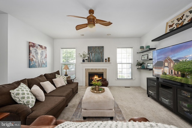 17 Saint Claires Ct, Stafford, VA 22556 - living area with carpet, a fireplace, and a ceiling fan