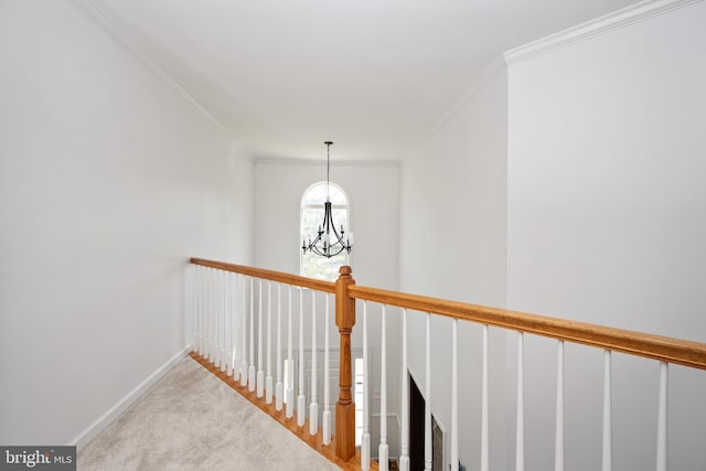 17 Saint Claires Ct, Stafford, VA 22556 - hallway featuring a chandelier, ornamental molding, carpet flooring, and an upstairs landing