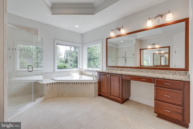 10002 Courthouse Rd, Vienna, VA 22181 - bathroom with vanity, a garden tub, ornamental molding, a stall shower, and tile patterned floors