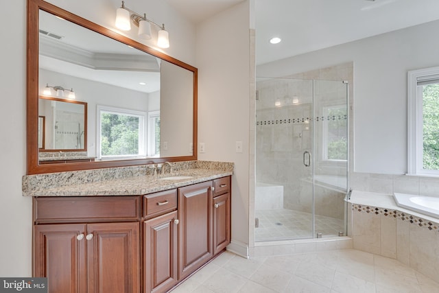 10002 Courthouse Rd, Vienna, VA 22181 - bathroom with vanity, tile patterned floors, a garden tub, a shower stall, and recessed lighting
