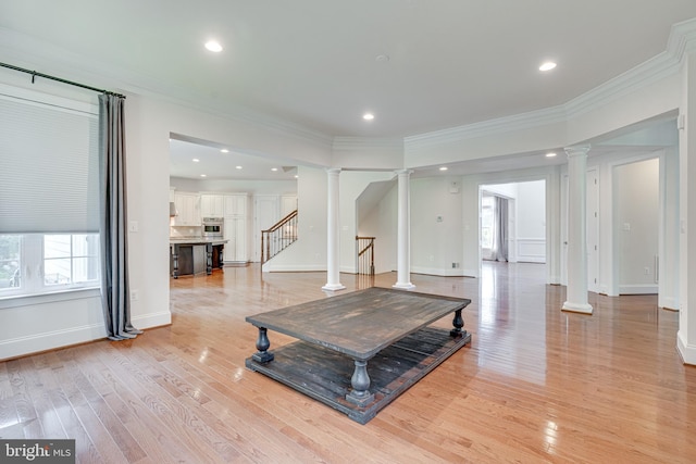 10002 Courthouse Rd, Vienna, VA 22181 - living room with decorative columns, ornamental molding, stairway, light wood-type flooring, and recessed lighting