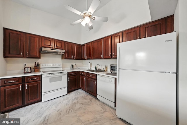 20315 Beaconfield Ter Unit 202, Germantown, MD 20874 - kitchen featuring white appliances, under cabinet range hood, ceiling fan, light marble finish floors, and high vaulted ceiling