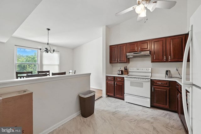 20315 Beaconfield Ter Unit 202, Germantown, MD 20874 - kitchen featuring white appliances, under cabinet range hood, light countertops, a ceiling fan, and hanging light fixtures