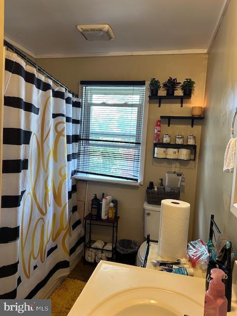 2600 N 5th St, Harrisburg, PA 17110 - full bathroom with crown molding, vanity, and a shower with shower curtain