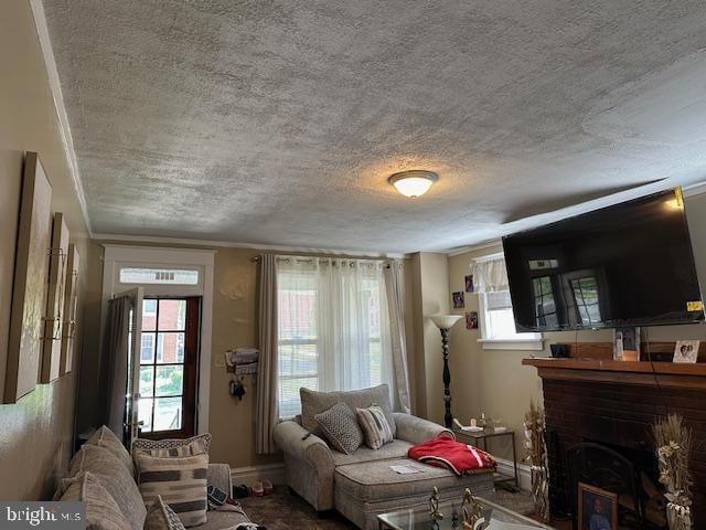 2600 N 5th St, Harrisburg, PA 17110 - living room with plenty of natural light, a textured ceiling, crown molding, and a fireplace