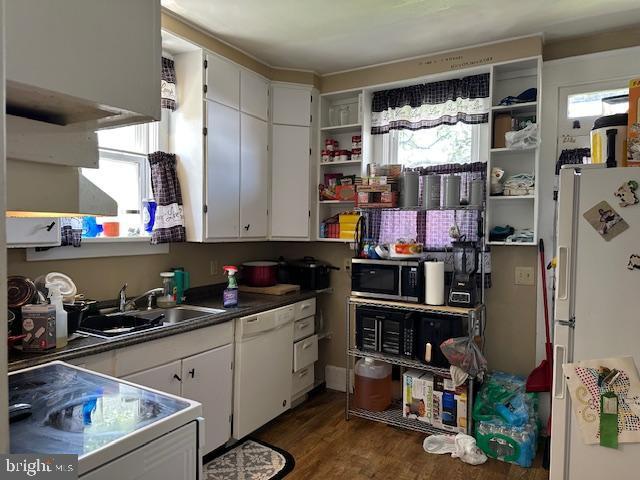2600 N 5th St, Harrisburg, PA 17110 - kitchen featuring white appliances, open shelves, white cabinetry, and dark wood finished floors