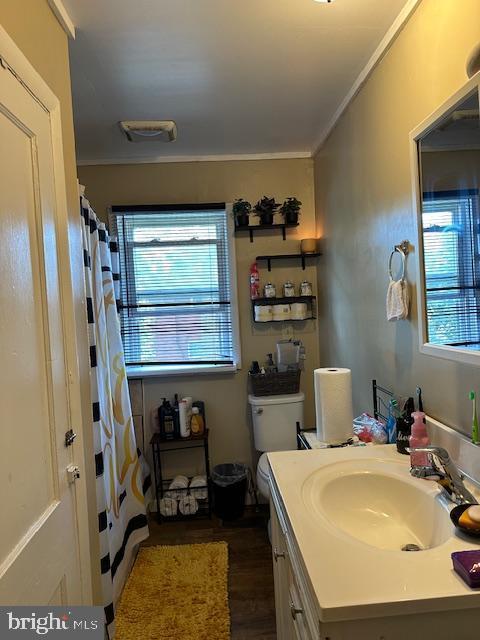 2600 N 5th St, Harrisburg, PA 17110 - full bathroom featuring crown molding, vanity, wood finished floors, and a shower with curtain
