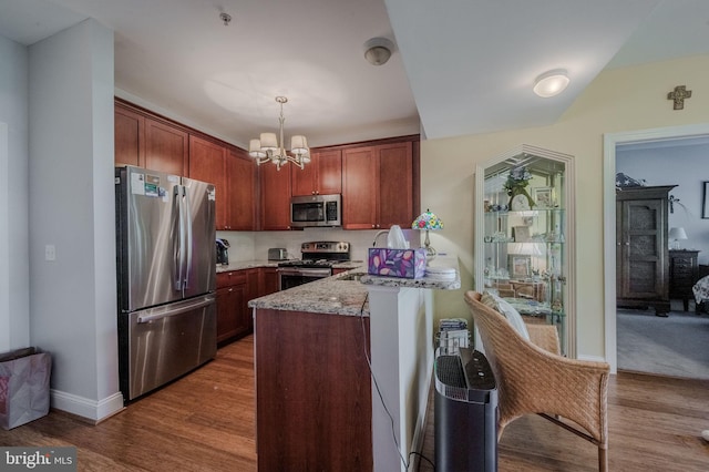 1000 Fountanview Cir, Newark, DE 19713 - kitchen with stainless steel appliances, a chandelier, wood finished floors, decorative light fixtures, and a peninsula