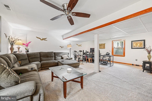 1802 Disney Estates Cir, Severn, MD 21144 - living room featuring light colored carpet, ceiling fan, and a desk