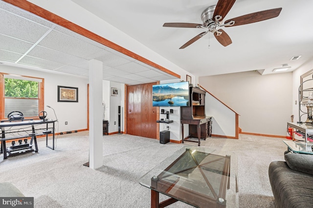 1802 Disney Estates Cir, Severn, MD 21144 - carpeted living room with a ceiling fan and stairway