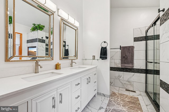 1802 Disney Estates Cir, Severn, MD 21144 - bathroom with marble look tiles, a stall shower, and double vanity