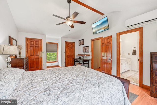 1802 Disney Estates Cir, Severn, MD 21144 - bedroom with a wall unit AC, wood finished floors, ensuite bath, ceiling fan, and high vaulted ceiling