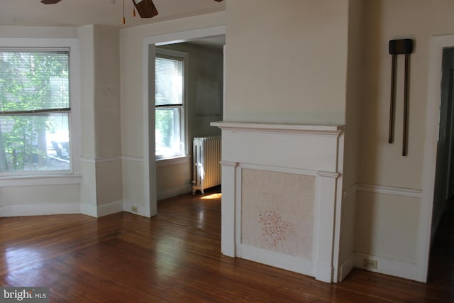 1628 River Rd, Upper Black Eddy, PA 18972 - unfurnished living room with radiator, ceiling fan, dark wood-type flooring, and healthy amount of natural light