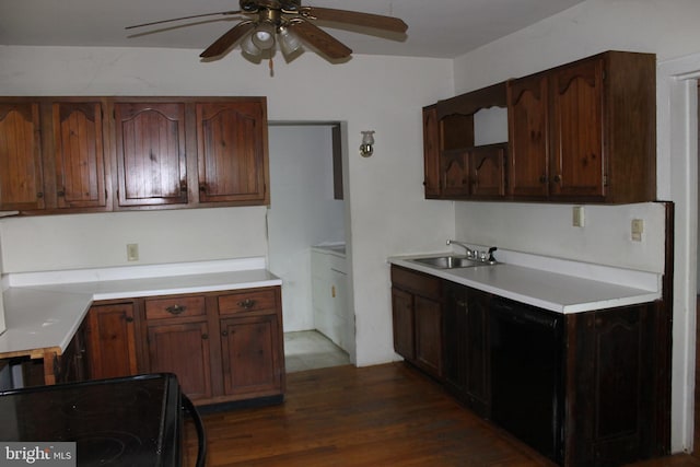 1628 River Rd, Upper Black Eddy, PA 18972 - kitchen featuring ceiling fan, black dishwasher, stove, light countertops, and dark wood-style flooring