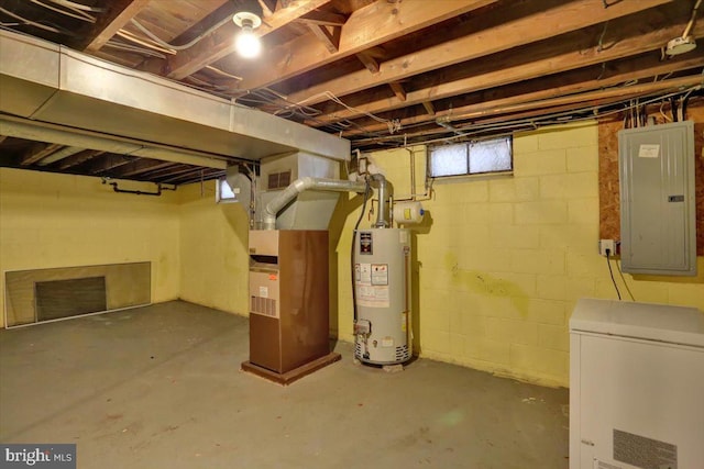 30 N Dwight St, Reading, PA 19609 - below grade area featuring gas water heater, electric panel, refrigerator, and heating unit