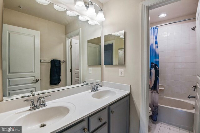 1413 Triton Ct, Edgewater, MD 21037 - bathroom featuring double vanity, shower / bathtub combination with curtain, and tile patterned floors