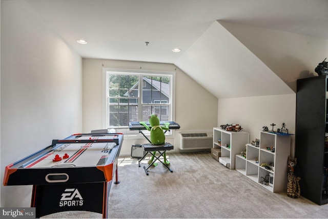 1413 Triton Ct, Edgewater, MD 21037 - playroom featuring carpet, lofted ceiling, a wall unit AC, and recessed lighting