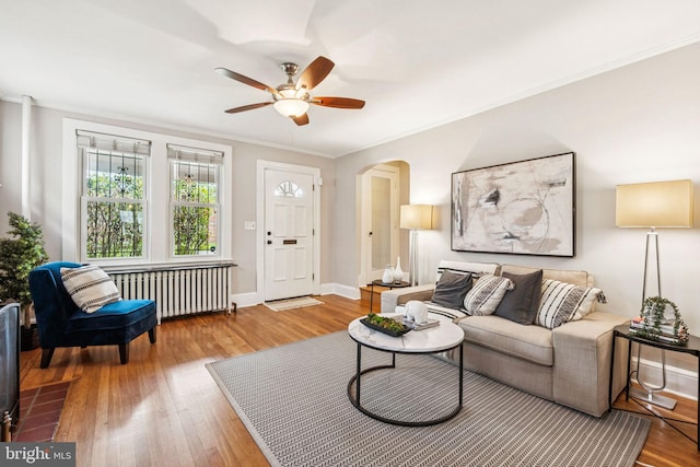 1818 Newton St NE, Washington, DC 20018 - living room featuring radiator, hardwood / wood-style flooring, arched walkways, a ceiling fan, and crown molding