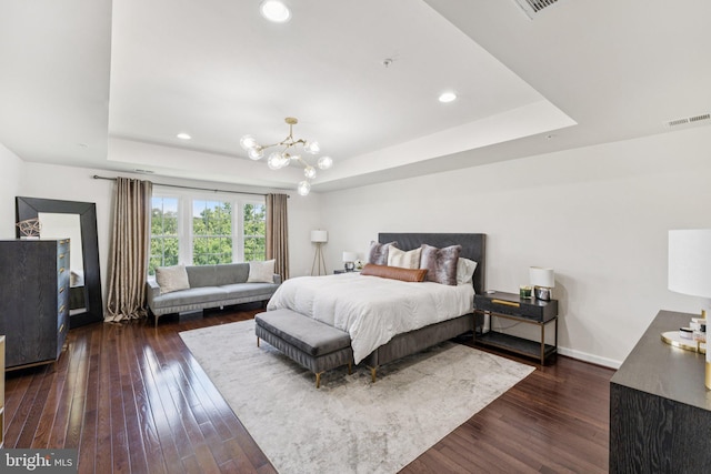 5445 Stream Bank Ln, Greenbelt, MD 20770 - bedroom with a raised ceiling, dark wood-style floors, a chandelier, and recessed lighting