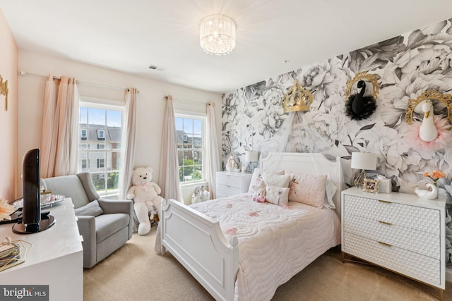 5445 Stream Bank Ln, Greenbelt, MD 20770 - bedroom featuring light carpet and a chandelier