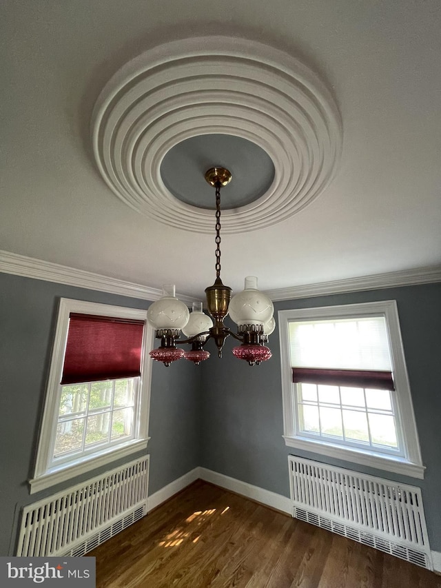 257 Jefferson St, Winchester, VA 22601 - unfurnished room with radiator, a chandelier, healthy amount of natural light, and ornamental molding