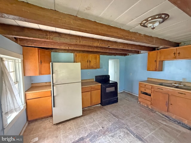 505 Battlefield Ft, Defiance, VA 24437 - kitchen featuring freestanding refrigerator, black electric range, plenty of natural light, and light countertops