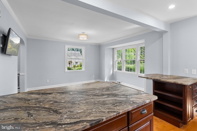 4 Haslet Way, Wilmington, DE 19807 - kitchen featuring crown molding, open shelves, light stone counters, recessed lighting, and light wood finished floors