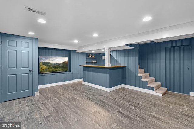 4 Haslet Way, Wilmington, DE 19807 - indoor bar featuring wood finished floors, stairway, recessed lighting, and crown molding