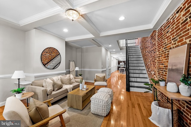 1717 Bank St, Baltimore, MD 21231 - living area with light wood-style floors, stairway, brick wall, a chandelier, and beam ceiling