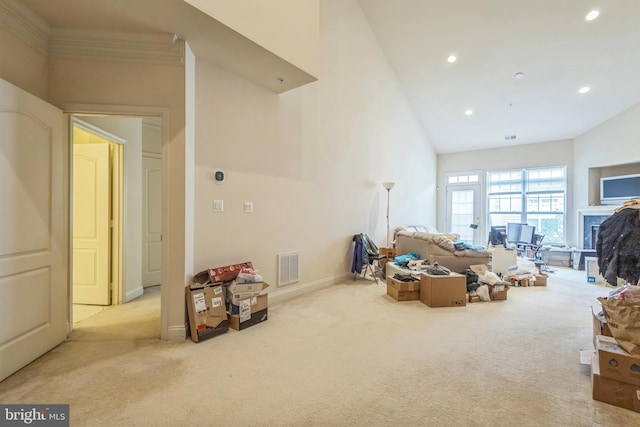 7206 Paperbark Ter, Laurel, MD 20707 - living room with carpet flooring, high vaulted ceiling, recessed lighting, and a fireplace