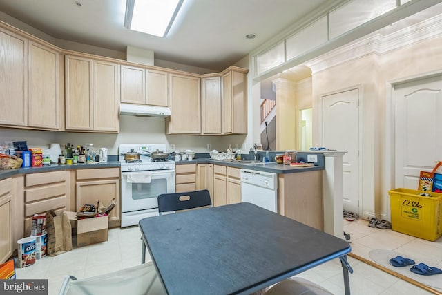 7206 Paperbark Ter, Laurel, MD 20707 - kitchen featuring white appliances, light brown cabinets, under cabinet range hood, dark countertops, and light tile patterned flooring