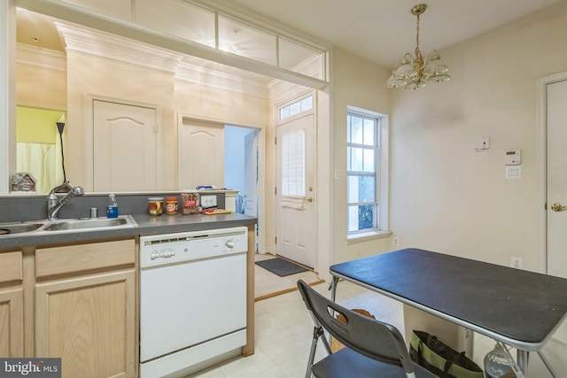 7206 Paperbark Ter, Laurel, MD 20707 - kitchen with white dishwasher, dark countertops, a chandelier, light brown cabinets, and ornamental molding