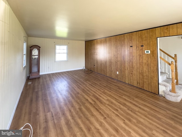 35 Gentry Ln, Willingboro, NJ 08046 - unfurnished living room with stairway, wood finished floors, and wooden walls