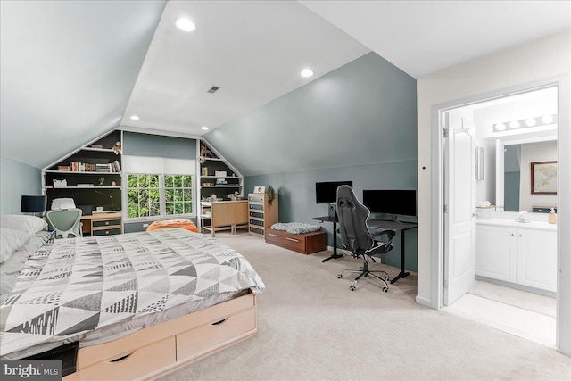 4 William Howard Dr, Glen Mills, PA 19342 - bedroom with vaulted ceiling, carpet flooring, recessed lighting, a desk, and ensuite bath