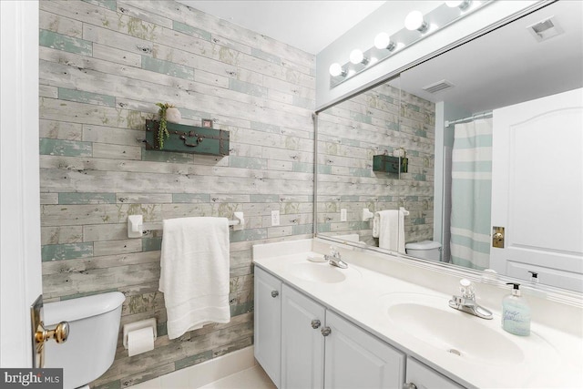 4 William Howard Dr, Glen Mills, PA 19342 - bathroom featuring wood walls, double vanity, and a shower with shower curtain