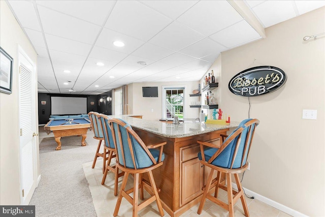 4 William Howard Dr, Glen Mills, PA 19342 - dining room with bar with sink, pool table, a paneled ceiling, and recessed lighting