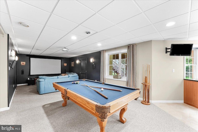 4 William Howard Dr, Glen Mills, PA 19342 - playroom featuring recessed lighting, billiards, carpet floors, and a drop ceiling