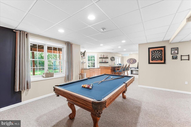 4 William Howard Dr, Glen Mills, PA 19342 - game room with carpet flooring, a paneled ceiling, pool table, and recessed lighting