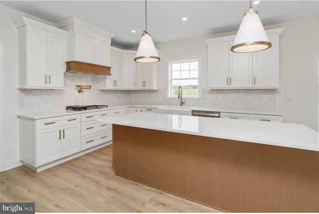 35 Barbertown Point Breeze Rd, Frenchtown, NJ 08825 - kitchen with light wood-style flooring, white cabinets, tasteful backsplash, recessed lighting, and hanging light fixtures