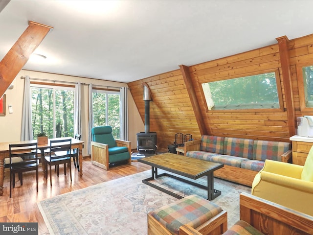 13 Mountainside Dr, Berkeley Springs, WV 25411 - living area with a wood stove, wood walls, and wood finished floors