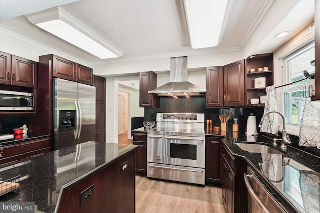 12116 Long Ridge Ln, Bowie, MD 20715 - kitchen featuring wall chimney exhaust hood, stainless steel appliances, backsplash, open shelves, and light wood-type flooring