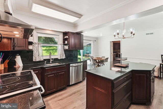 12116 Long Ridge Ln, Bowie, MD 20715 - kitchen featuring dishwasher, range hood, dark countertops, light wood-style flooring, and ornamental molding
