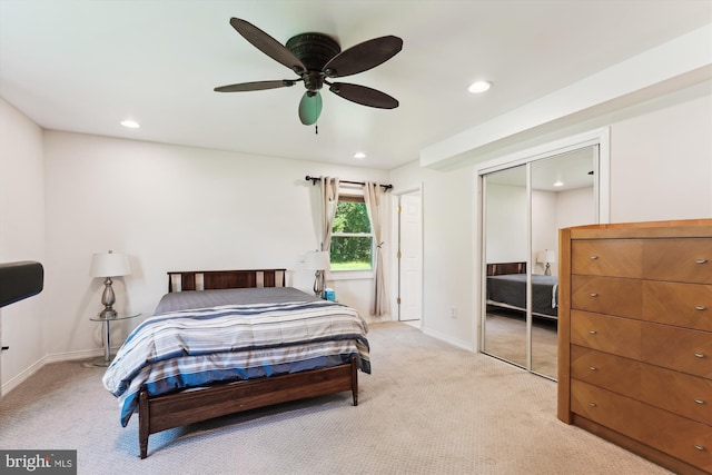 12116 Long Ridge Ln, Bowie, MD 20715 - bedroom with light carpet, recessed lighting, a closet, and ceiling fan
